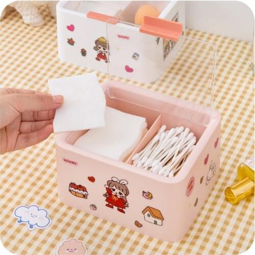 2021 New Dust-proof Kawaii Storage Box Desktop Makeup Remover Cotton Swabs with Lid Box Student Dormitory Artifact