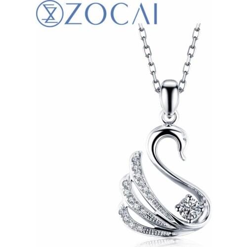 ZOCAI Swan Shape Genuine 0.15CT H / SI Certificated Diamond Neckalce 18K White Gold Pendant with 925 Sterling Silver Chain