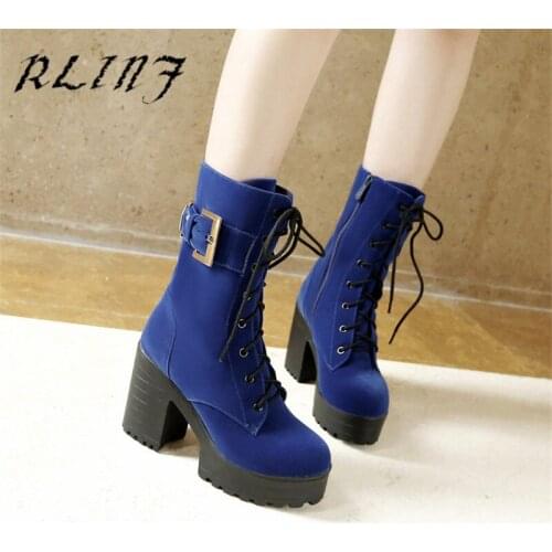 RLINF Round Head with Lace Belt Buckle Sexy Mid Tube Womens Boots