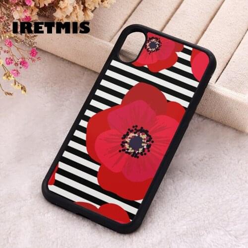 Iretmis 5 5S SE Phone Cover Case for iPhone 6 6S 7 8 Plus X Xs XR 11 12 Mini Pro Max Rubber Silicone Red Poppies & Black Stripes