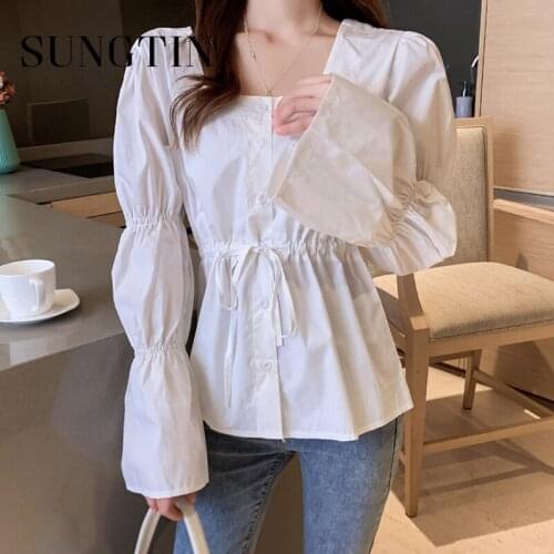 Sungtin Design Long Sleeve Shirring Blouse Shirts for Women Vintage White Square Collar Folds Blouses Korean Fashion Elegant Top