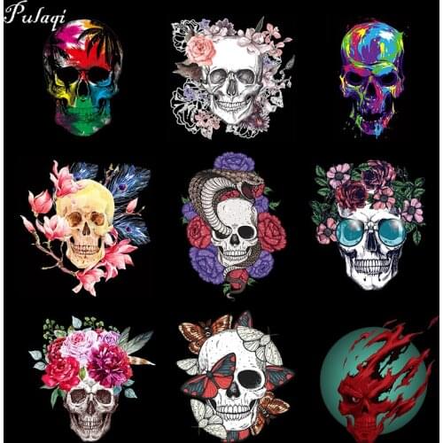 Pulaqi Vynil Punk Skulls Patches Iron On Heat Transfer Thermal Flower Skull on Clothes Heat Transfers For Clothing Stickers DIY