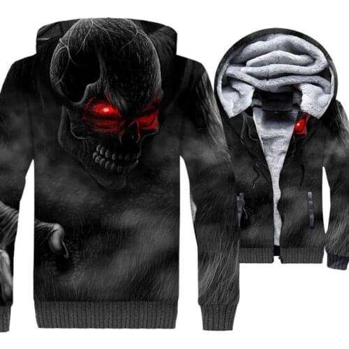 2021Hoody Men skull Hoodie Winter Thick Warm Fleece Hooded Zipper Hoodie Coat Sportwear Streetwear Support DIY Print plus size