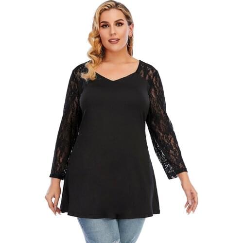 2021 Womens T-shirts Plus Size 4XL 5XL Femme V Neck Lace Sleeve Casual Tops Black Stretch Oversized T-shirt Women Clothing