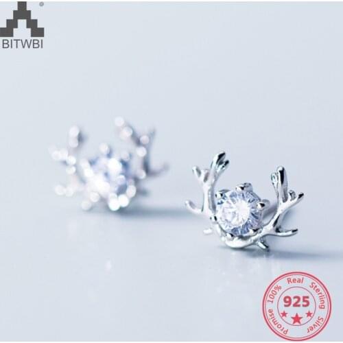 Factory Price 100% 925 Sterling Silver Fashion Minimalism Diamond Antlers Stud Earring Fine Jewelry for Female