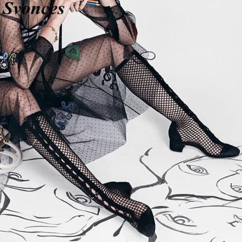 Svonces 2019 Spring Summer Shoes Women Sexy Lace Mesh Knee High Gladiator Sandal Boots Med Block Heels Pumps Suede Women Sandals