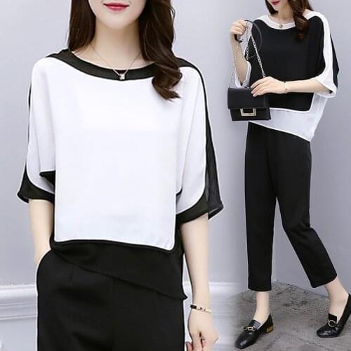 2021 Summer Black White Patchwork Chiffon Loose Shirt Women Pant Suits Plus Size Elastic Waist Calf- Length Pants Two Piece Sets