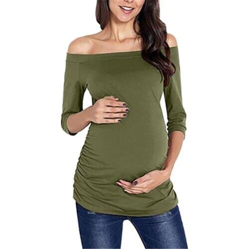 Womens Maternity Off Shoulder Tops Women Top Mama Clothes Flattering Side Ruching Slaneck Neck Pregnancy T-shirt