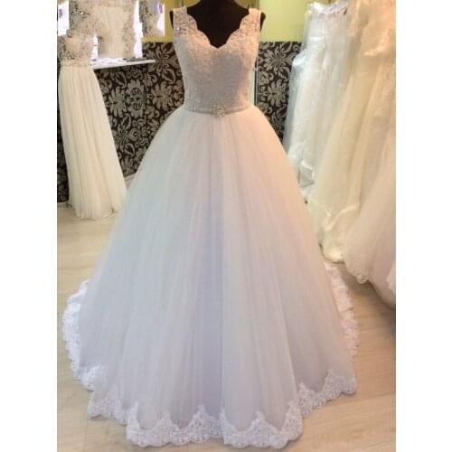 ANGELSBRIDEP V-Neck Ball Gown Wedding Dresses Robe de mariee Sexy Applique Floor-Length Tulle Saudi Arabia Bride Dresses