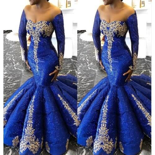 Royal Blue Evening Dresses Long Women Robe De Soiree Vestido Sequine Appliques Off The Shoulder Aso Ebi Plus Size Formal Gowns