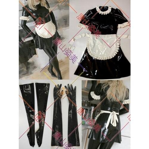 WOMEN LATEX DRESS MAID DRESS WITH STOCKINGS GLOVES