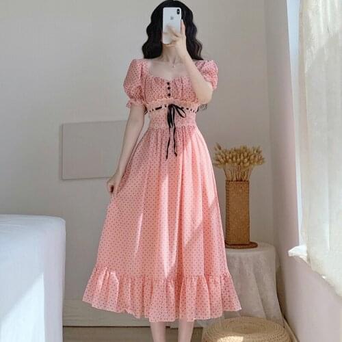 New Summer Runway French Vintage Chiffon Lace Slim Dress Ruffle Patchwork Womens Elegant Polka dots Pink Dresses Vestido