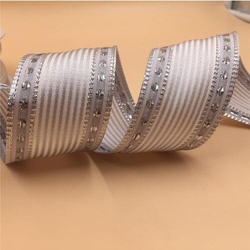 38MM 25yards Wired Edge Silver Dots Edge Striped White Ribbon t for Festival Christmas Decoration New Year Gift Wrapping
