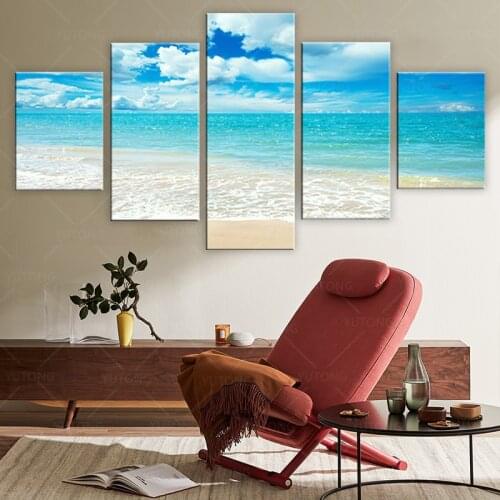 Canvas HD Prints Pictures Wall Art Posters 5 Pieces Blue Sky Sea Waves Beach Seascape Paintings Home Decor Living Room Framework