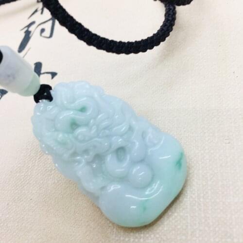 Pure natural Emerald jade Hand-carved two-color zodiac dragon pendant with simple necklace Men and women sweater chain