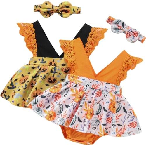 Baby Girl’s Casual Fly Sleeve Romper Fashion Pumpkin Printed Hem Jumpsuits and Headband