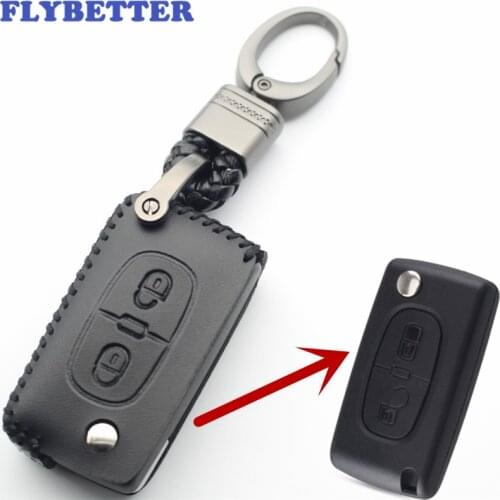 FLYBETTER Genuine Leather 2Button Flip Remote Key Case Cover For Citroen C3/C4/C5/C6 For Peugeot 307/408/308 Car Styling L386