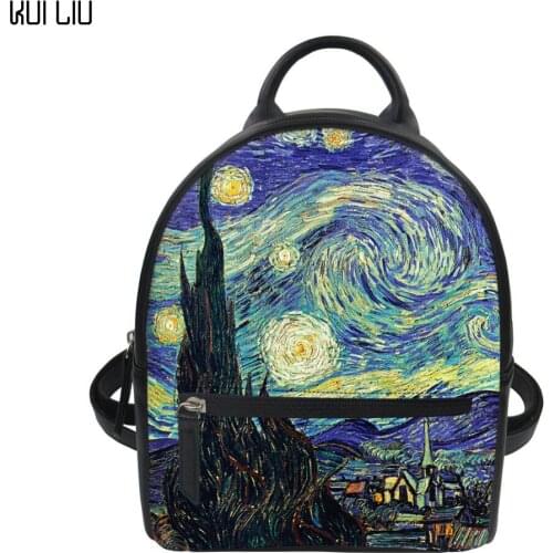 Customized Women Backpack Mini Rucksack Lady Luxury Leather Shoulder Bagpack Teenagers Bolsa Vincent van Gogh Starry Night Print