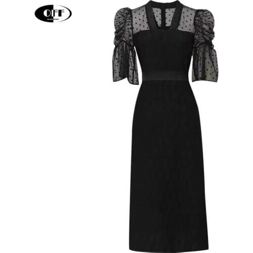 Summer Traf Office Work Black Midi Dresses For Women Puff Short Sleeve Bodycon Ruffles Solid Dot Sexy Plus Size 2XL Pencil Dress
