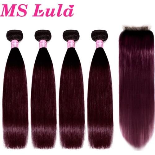 MS Lula Ombre 1B/ 99J Straight 4 Bundles With Closure Human Hair Bundles with Closure Brazilian Hair Weave Bundles Remy Hair