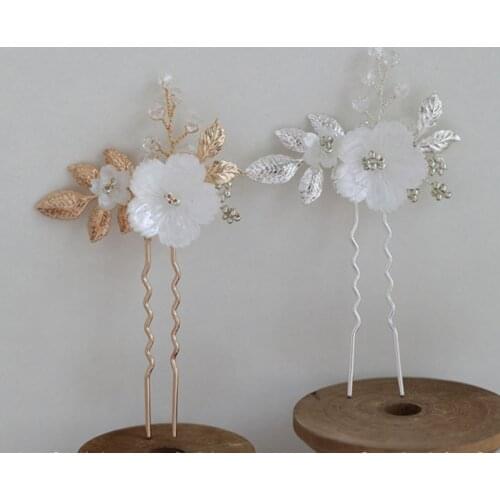 Floralbride Handmade Shell Flower Alloy Leaf Pearls Bridal Hair Pin Set Wedding Hair Sticker Women Jewelry Hair Accessories