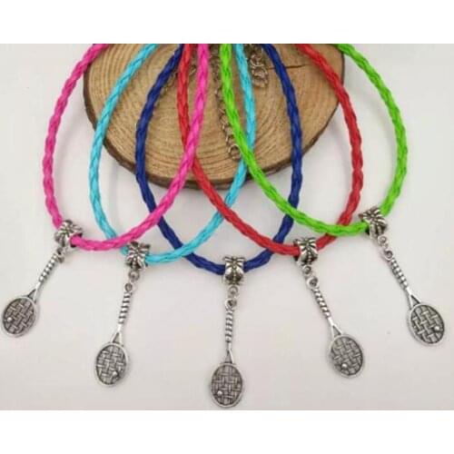 New 20pcs/lot Fast shipping Tennis Racket Charm Pendant Mixed Leather Cord Bracelet DIY Women Sports Jewelry Gifts