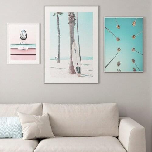 Pink Beach Moutain Posters And Prints Palm Tree Surfboard Wall Art Canvas Painting Nordic Wall Pictures For Living Room Decor