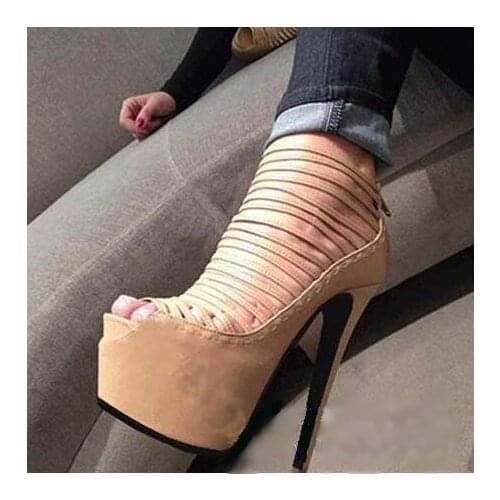 Sexy Beige Suede Peep toe High Platform Pumps Women Shoes Cross Strap High Stiletto Heels Women Shoes High Heels Plus Size 11