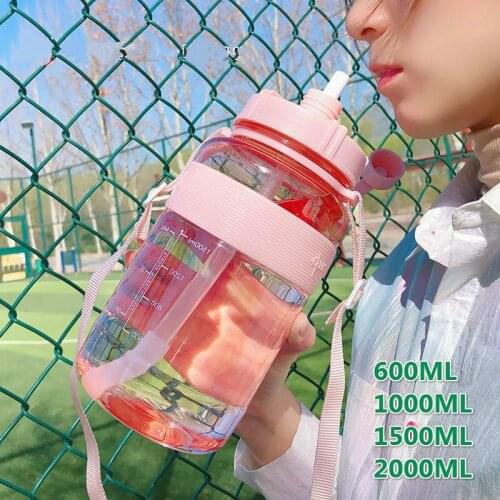 1000/2000ml Sport Straw Water Bottle With Rope Portable Large Capacity Water Bottle Plastic Cooking Utensils Outdoor Kettle Cups