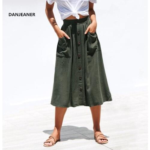 DANJEANER Women Summer Casual Loose Cotton Skirts with Two Pockets Fashion Solid Slim A-line High Waist Mid-Calf Skirts 2019