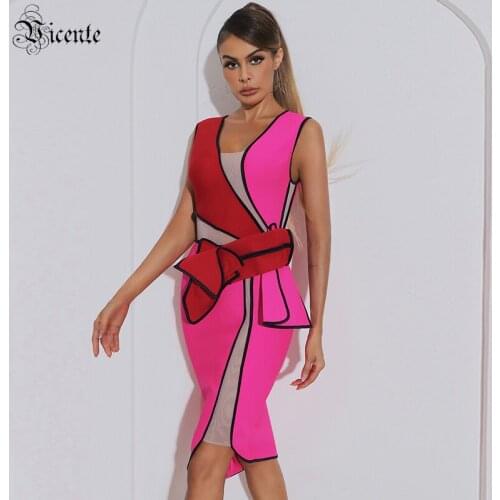 VC Fashion Stitching Skirt Women Net Yarn Sleeveless V-neck Knee-length Hit Color Bandage Dress