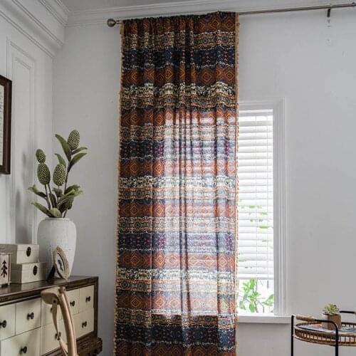 Bohemian Farmhouse Style Window Curtain Cotton Linen Geometric Tassel Curtains Privacy Protection for Bedroom Living Room TJ6436