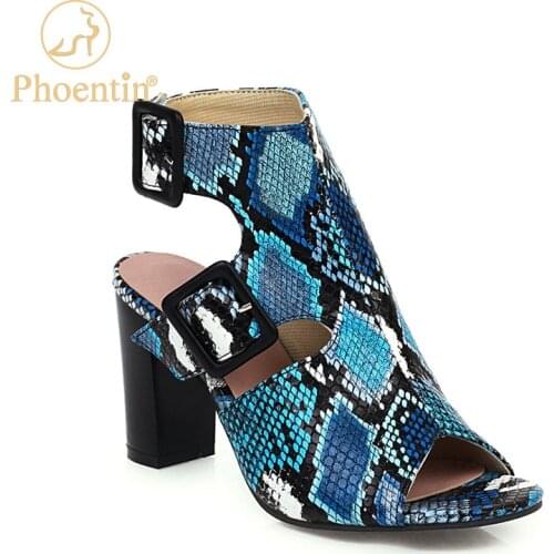 Phoentin blue snake printed summer booties peep toe 2020 ankle buckle boots female womens slingbacks Womens shoes 41 size FT943