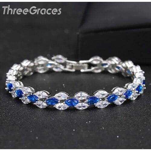 ThreeGraces 4 Color Options Fashion CZ Bracelet Jewelry Marquise Shape White Mix Royal Blue Friendship Bracelets For Women BR118