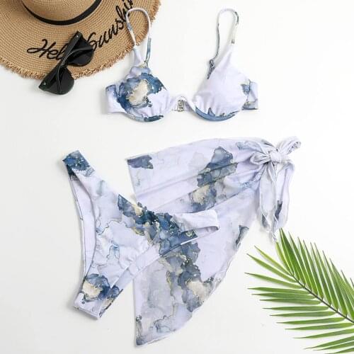 Swimwear Womens Swimsuit Tie-dye Printed Cross-tie Chiffon Three-piece Suits Sexy Split Bikini Pareo Bathing Suit With Tunic