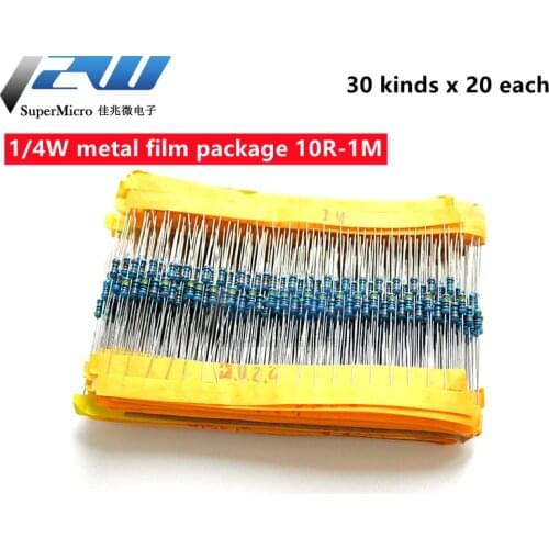 1/4W five-color ring resistance 1% precision metal film resistance package 30 kinds of commonly used resistance 20 of each