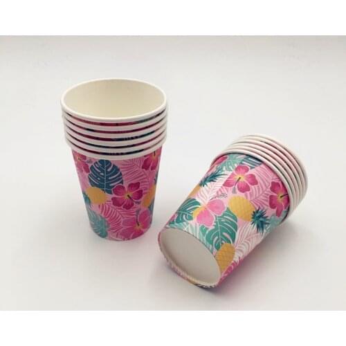 12pcs/lot Hawaii Palm Leaf Pineapple Summer Tropical Theme Paper Cups Grid Disposable Drinking Cups For Birthday Wedding Party D