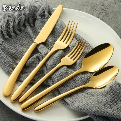 5Pcs Western Dinnerware Set Stainless Steel Cutlery Knife Fork Spoon Sets Golden Flatware Luxury Tableware Wedding Party Tool