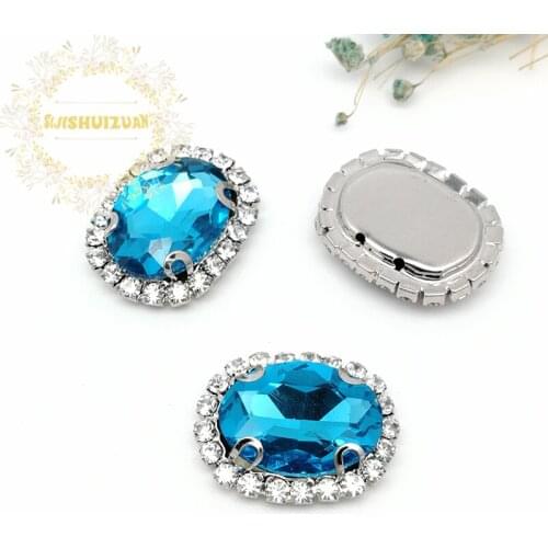 Turquoise blue Oval Shape Drill Side Chain Crysta Glass Sewing Rhinestones with Claw DIY Womens Shose and Wedding Dresses