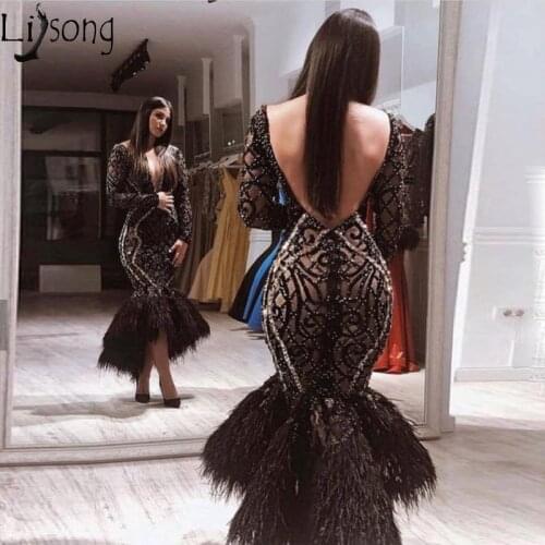 Saudi Arabic Black Lace Beaded Mermaid Evening Dress High Low Ankle Length Long Sleeve Formal Prom Dress with Feathers V Back