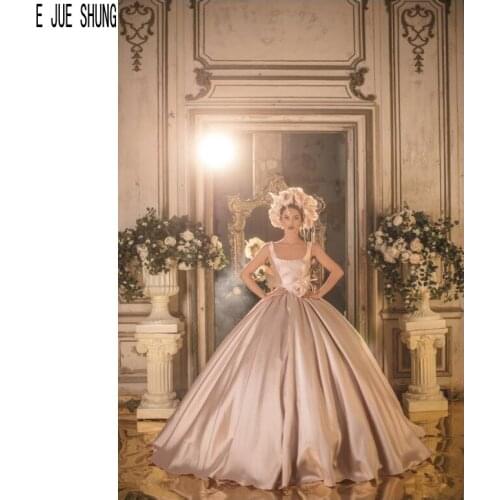 E JUE SHUNG Rose Gold Ball Gown Wedding Dresses Square Collar Flowers Button Back Simple Satin Bridal Dresses vestido de noiva