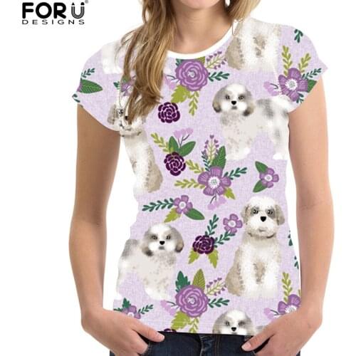 FORUDESIGNS T Shirt Women Harajuku Kawaii Short Sleeve T-shirt Shih Tzu Dog Print Ladies O-neck Clothes Tees Tshirt Tops Girls