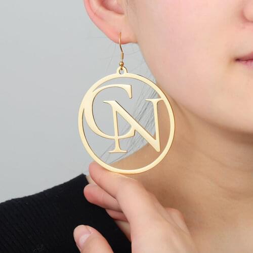 Mumuxing2021 Trend Round Pendant With Letters Az Ladies Earrings Jewelry Custom Name Initials Stainless Steelpersonality Earring