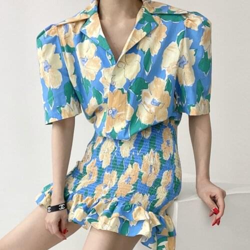 Korea Chic Elegant Lapel Large Flower Design Single-Breasted Elastic Waist Short-Sleeved Hem Ruffle Dress