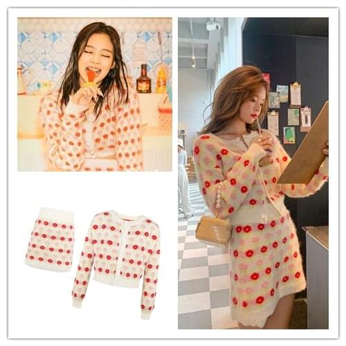 Kpop Jennie Korean Slim Wild Long Sleeve Cardigan Flowers Sweaters Button Tops+High Waist Elastic A-Line Mini Skirts Women Sets