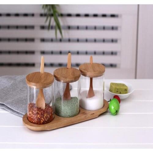 Kitchen supplies seasoning jar seasoning box glass three-piece set Household combination bamboo tray oil and salt seasoning bott
