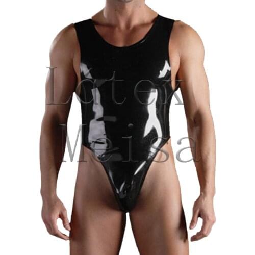 Mens latex swimsuit split side Fetish jumpsuit without zipper in black color