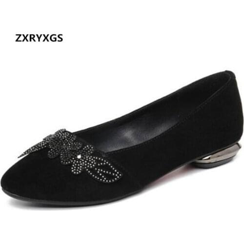 ZXRYXGS Frosted Sheepskin black shoes pointed low-heeled shoes woman fashion shoes Rhinestone genuine leather shoes large size