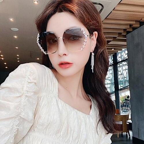 Net Frameless Water Drill Sunglasses Women Inlaid With Diamond Korean Version Chaojie Shooting Big Face Thin Anti Ultraviolet