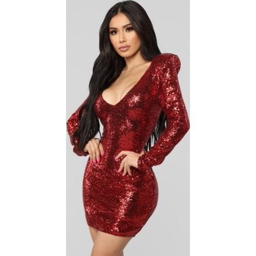 OKAYOASIS Free Shipping Sexy Women V-neck Long Sleeve Bodycon Red Sequined Dress Elegant Paillette Party Dress Vestidos